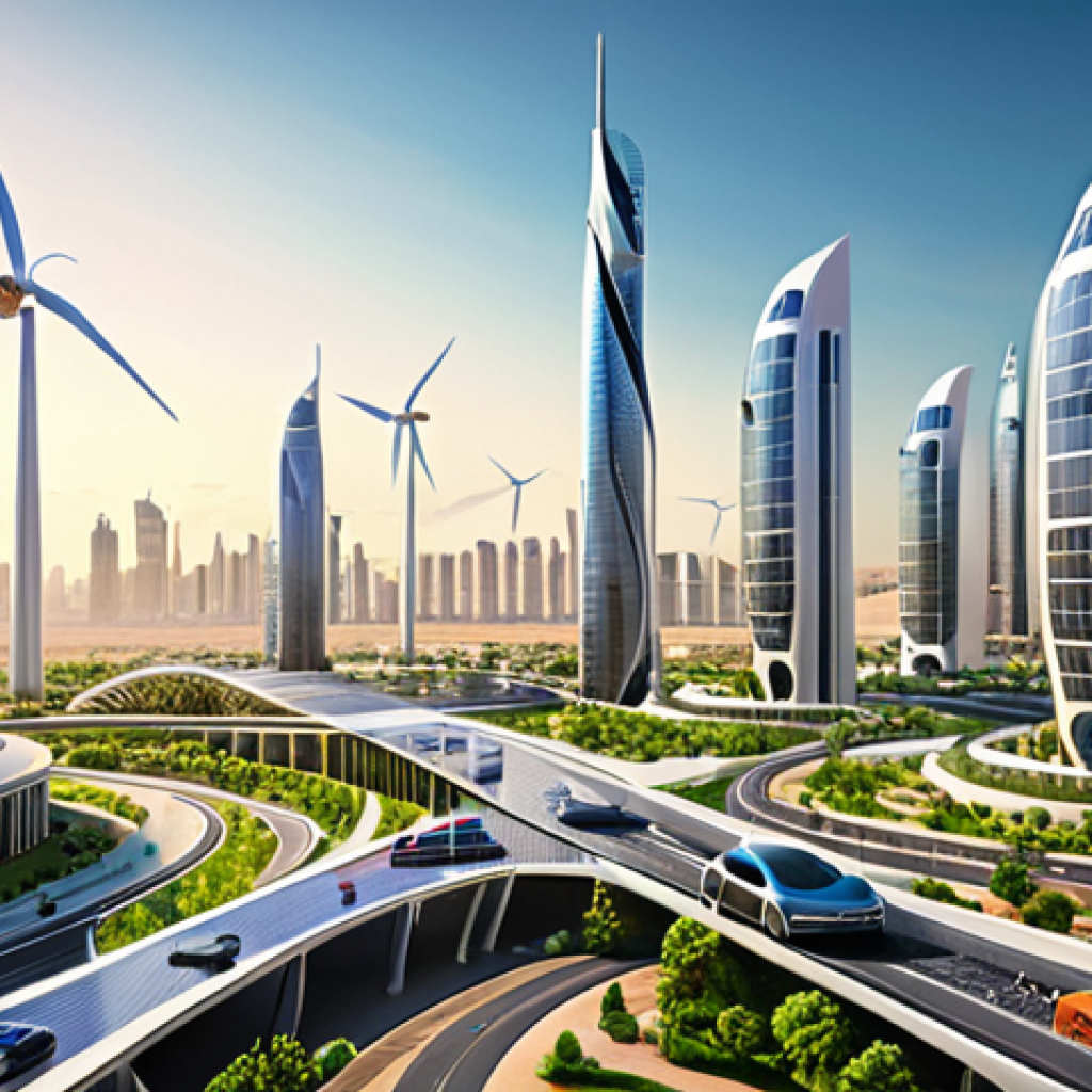 **

"A vibrant, futuristic cityscape in the Arab world, showcasing sleek skyscrapers powered by solar panels and wind turbines. Smart city technology is visible, with self-driving vehicles navigating efficiently through green spaces. The scene emphasizes innovation, sustainability, and a blend of modern architecture with traditional Arab design elements.  Focus on clear, bright lighting and intricate details that highlight the advanced technological aspects.  AI integration, digital health interfaces, renewable energy source."

**