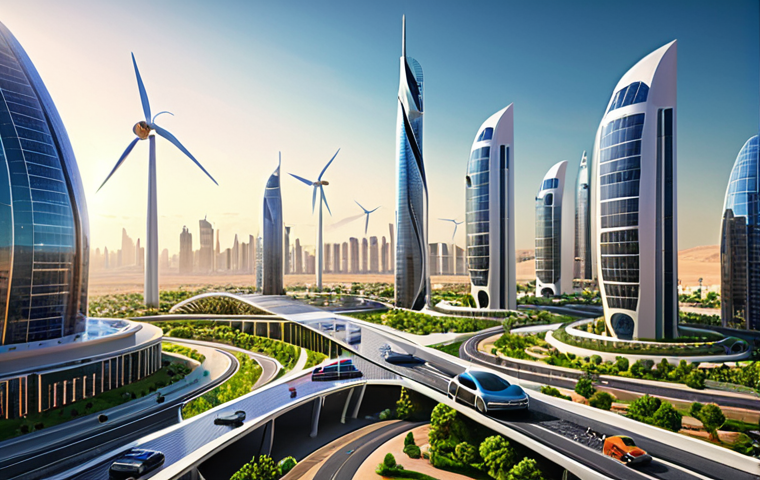 **

"A vibrant, futuristic cityscape in the Arab world, showcasing sleek skyscrapers powered by solar panels and wind turbines. Smart city technology is visible, with self-driving vehicles navigating efficiently through green spaces. The scene emphasizes innovation, sustainability, and a blend of modern architecture with traditional Arab design elements.  Focus on clear, bright lighting and intricate details that highlight the advanced technological aspects.  AI integration, digital health interfaces, renewable energy source."

**