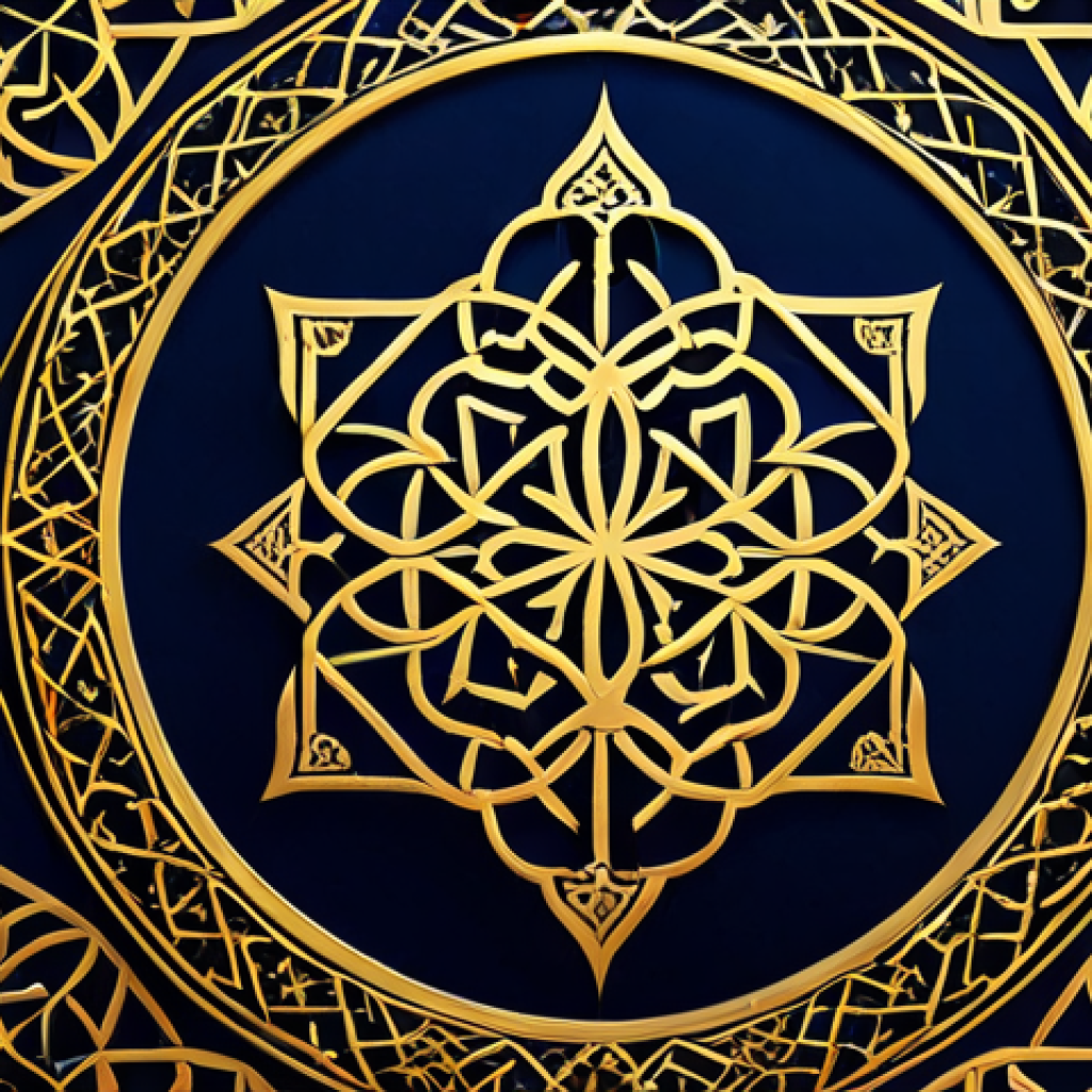 **

A majestic Arabic calligraphy design featuring intricate patterns and golden ink on a dark blue background. The design should incorporate traditional Islamic geometric art.

**