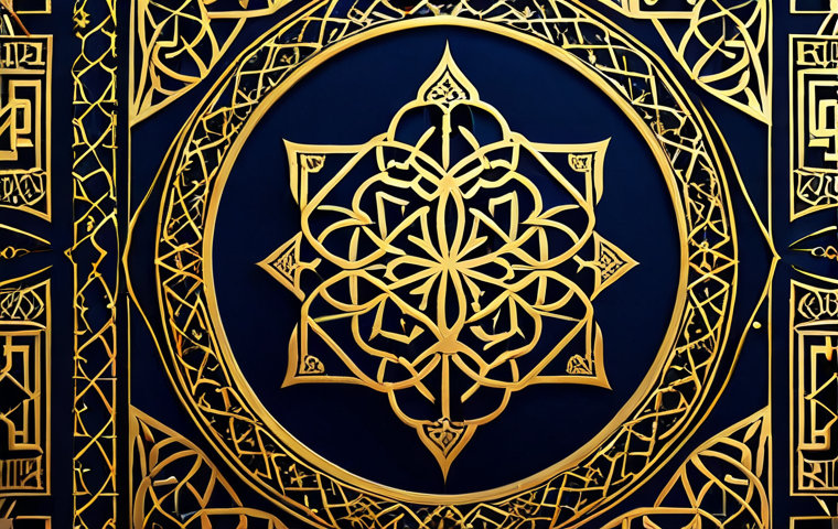 **

A majestic Arabic calligraphy design featuring intricate patterns and golden ink on a dark blue background. The design should incorporate traditional Islamic geometric art.

**