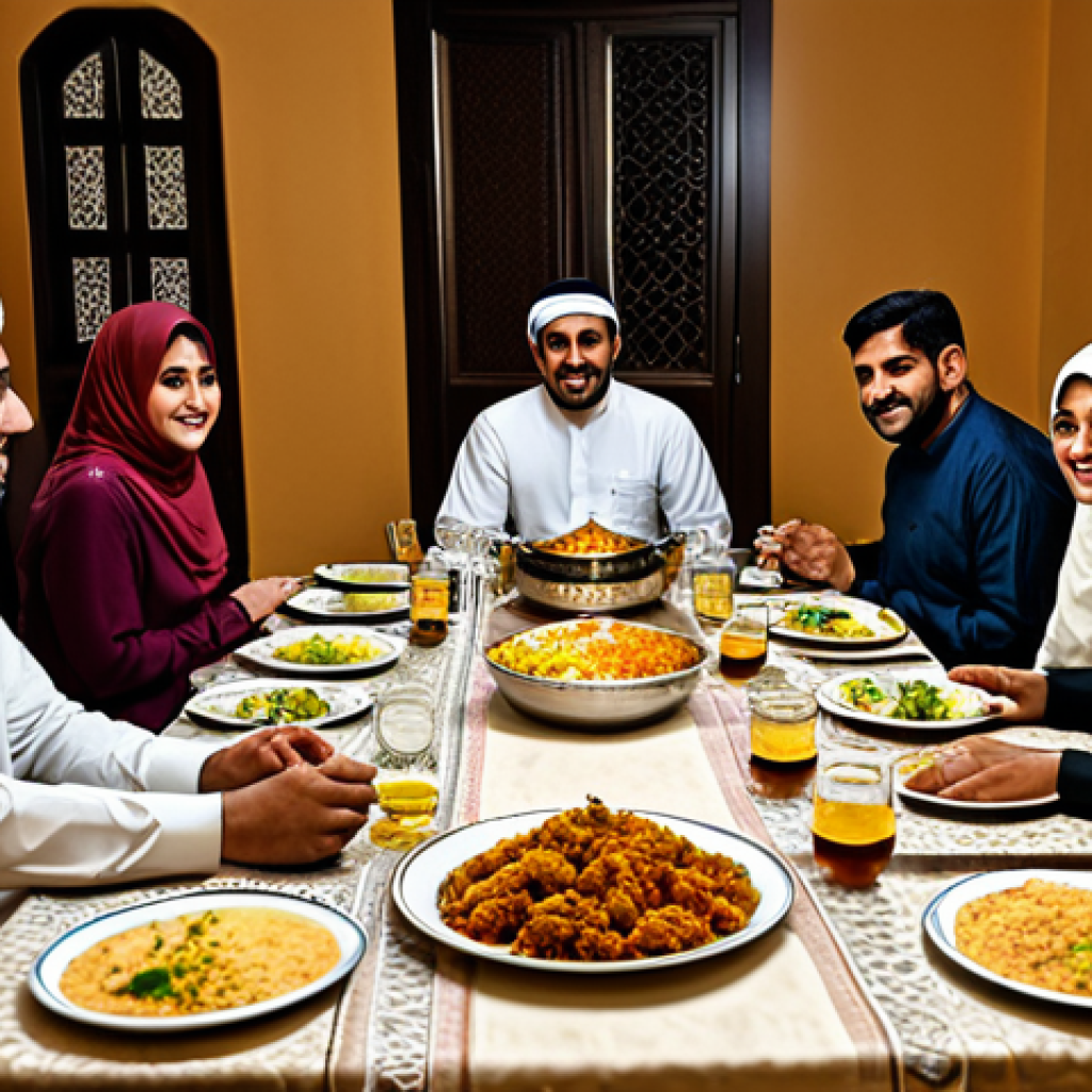 Ramadan Experience**

"A family-friendly scene depicting a modest family breaking their fast (Iftar) during Ramadan, gathered around a table with traditional food, fully clothed, warm lighting, safe for work, appropriate content, perfect anatomy, natural proportions, professional photography, modest attire."

**