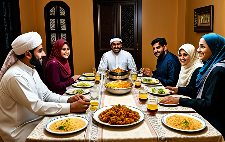 Ramadan Experience**

"A family-friendly scene depicting a modest family breaking their fast (Iftar) during Ramadan, gathered around a table with traditional food, fully clothed, warm lighting, safe for work, appropriate content, perfect anatomy, natural proportions, professional photography, modest attire."

**