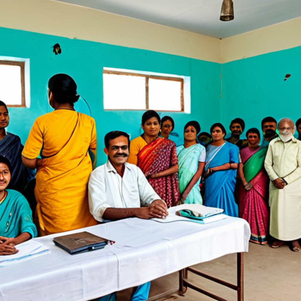 "A bustling rural health clinic in India, showcasing community health workers providing basic check-ups and vaccinations to families, fully clothed, appropriate attire, safe for work, professional, modest, perfect anatomy, natural proportions, vibrant colors, traditional Indian clothing, well-lit."
