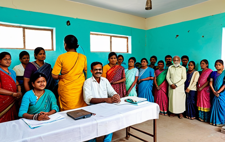 "A bustling rural health clinic in India, showcasing community health workers providing basic check-ups and vaccinations to families, fully clothed, appropriate attire, safe for work, professional, modest, perfect anatomy, natural proportions, vibrant colors, traditional Indian clothing, well-lit."