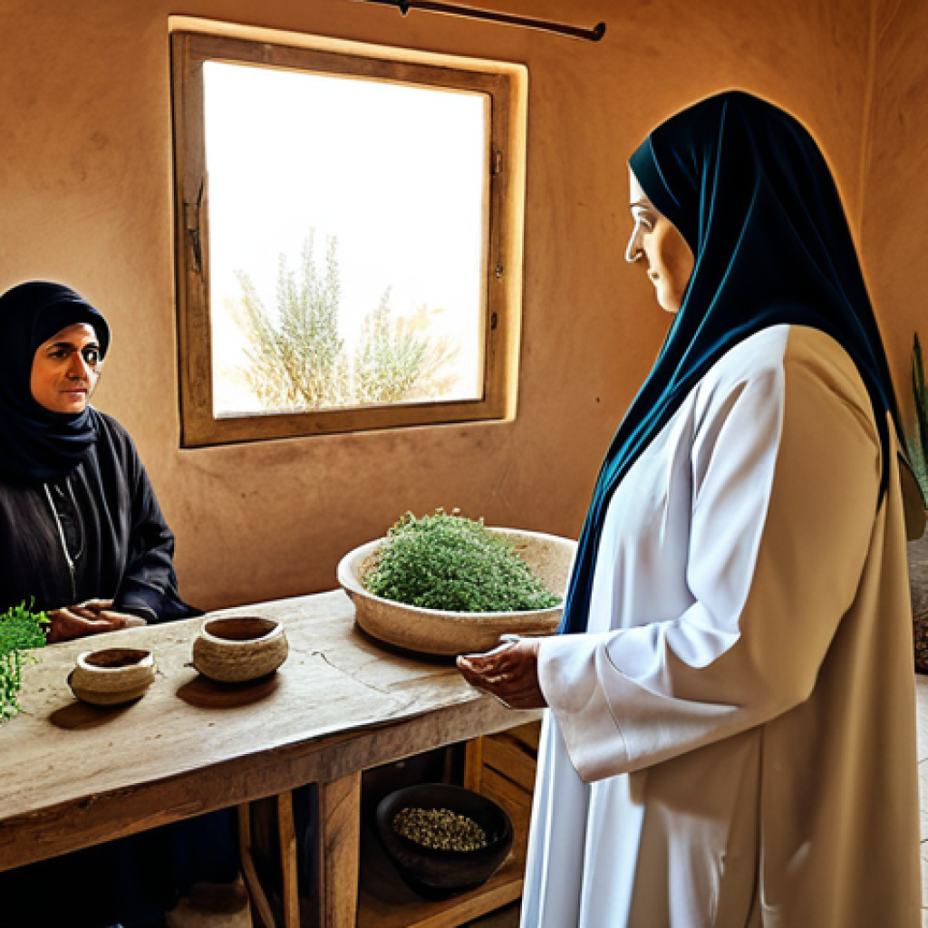 아랍어권에서의 전통 치료법 - Traditional Healer's Consultation**

"A respected traditional Arab healer (Hakim) in a modest, profe...