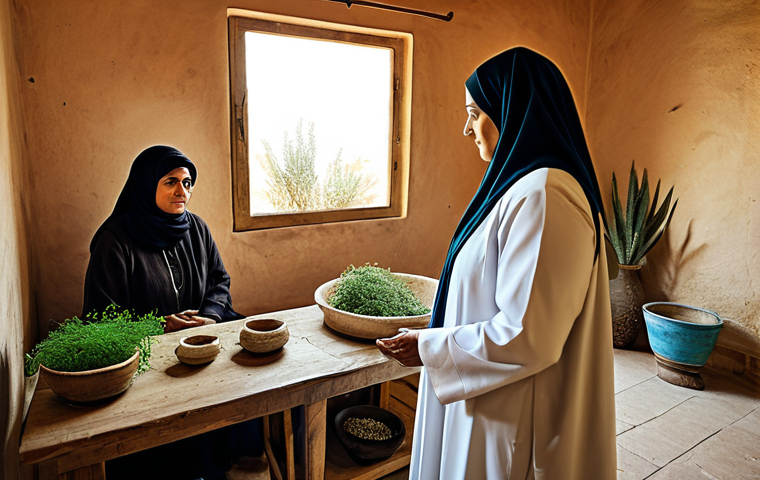 아랍어권에서의 전통 치료법 - Traditional Healer's Consultation**

"A respected traditional Arab healer (Hakim) in a modest, profe...
