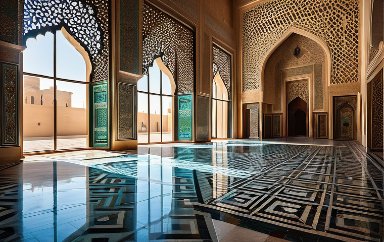 아랍어권에서의 예술과 디자인 - **Grand Arabian Architectural Interior with Geometric Patterns**
    A breathtaking, grand interior ...