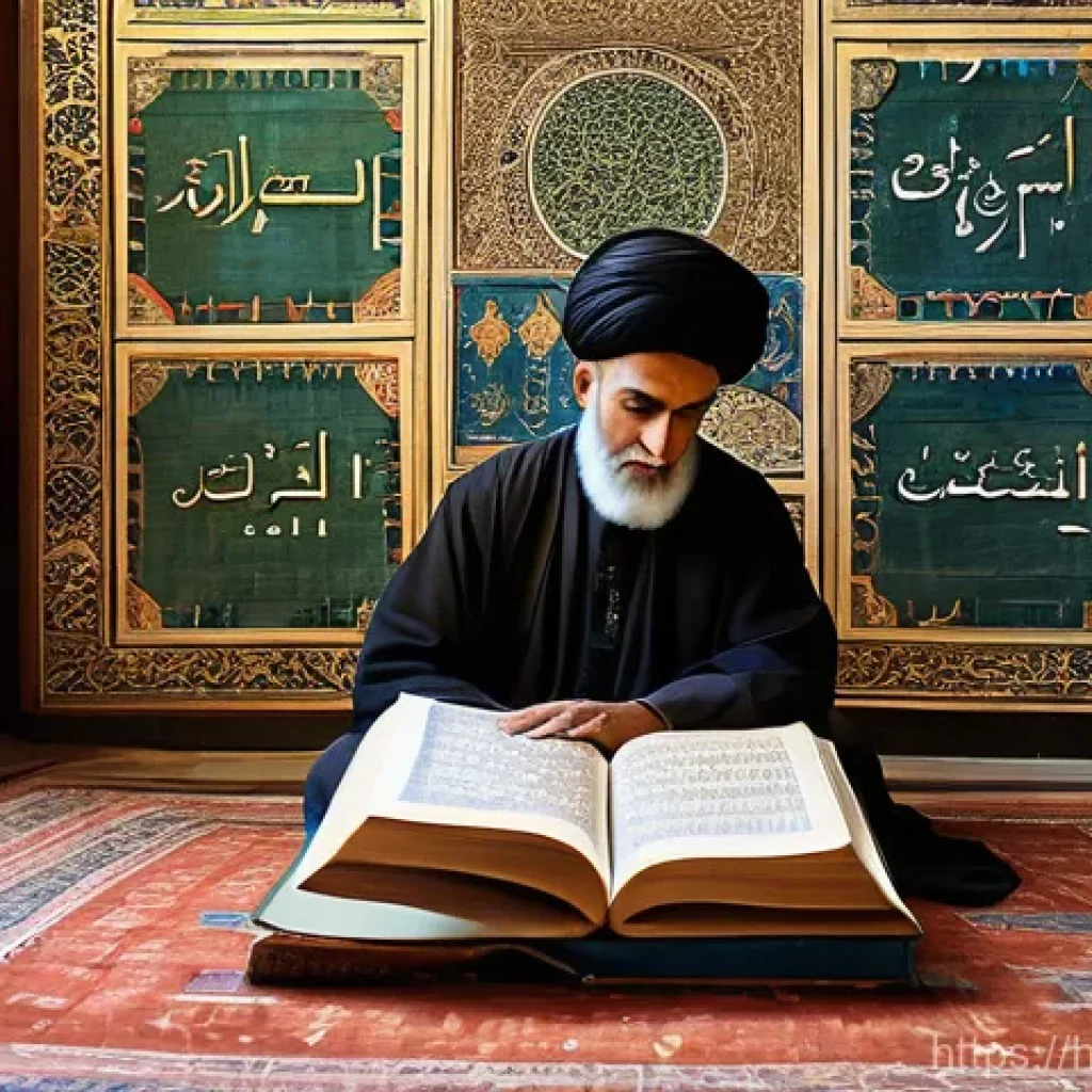 아랍어와 페르시아어 차이 - **A scholarly gathering in an ancient, sunlit library.** On one side, a respected elder scholar, mod...