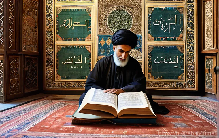 아랍어와 페르시아어 차이 - **A scholarly gathering in an ancient, sunlit library.** On one side, a respected elder scholar, mod...