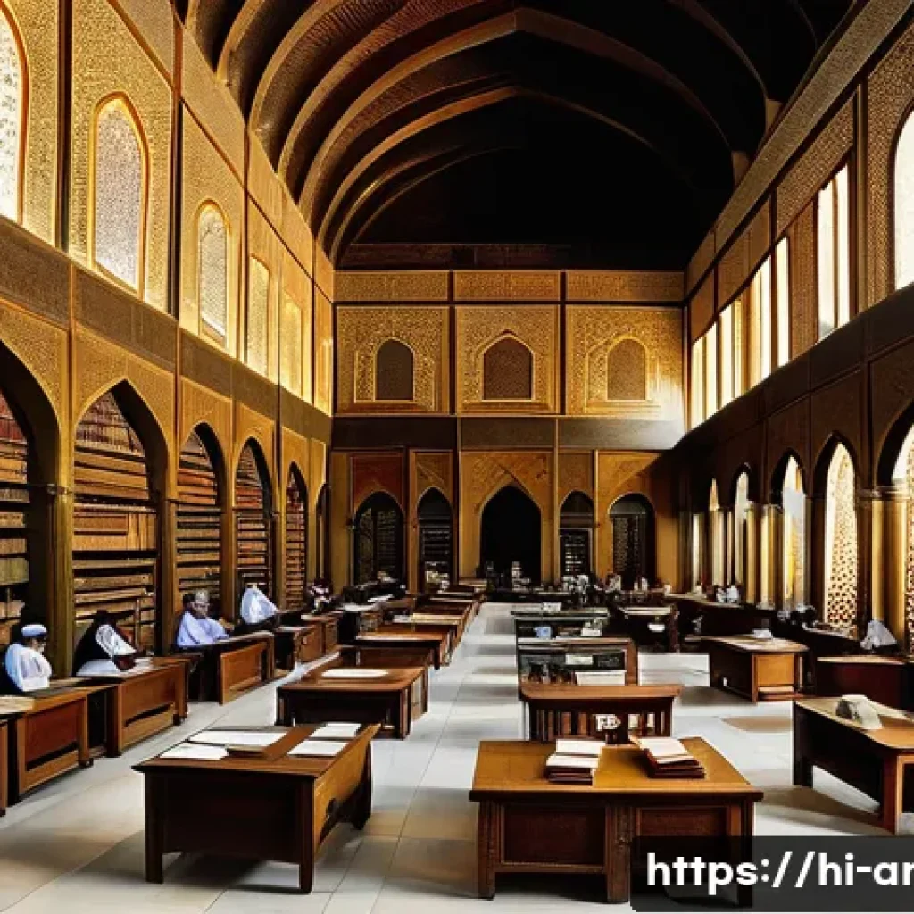 아랍어 역사 속 중요한 사건 - **Prompt:** "A vibrant, panoramic view of the 'House of Wisdom' (Bayt al-Hikma) in 9th-century Baghd...