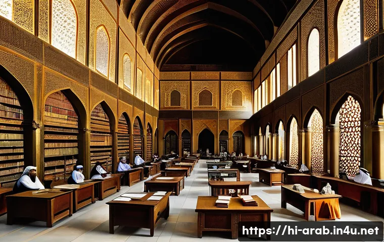 아랍어 역사 속 중요한 사건 - **Prompt:** "A vibrant, panoramic view of the 'House of Wisdom' (Bayt al-Hikma) in 9th-century Baghd...