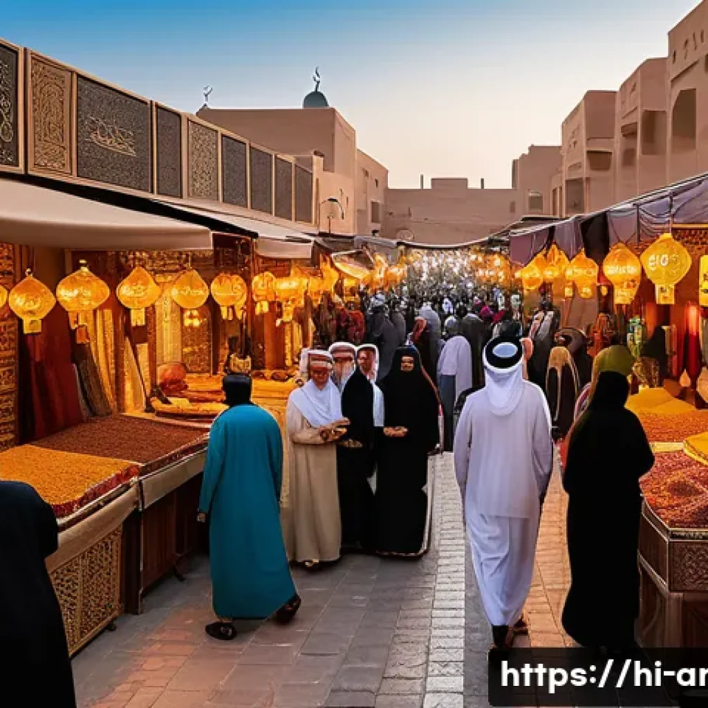 아랍어 공용어 국가 - A vibrant Middle Eastern market scene during a cultural festival, featuring men and women dressed in...