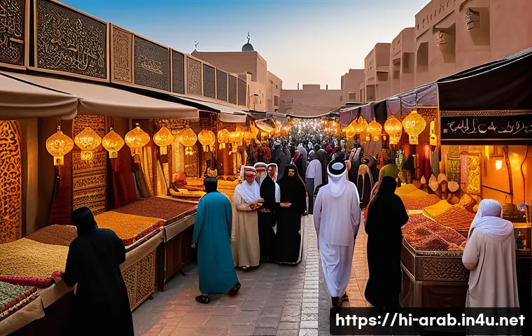 아랍어 공용어 국가 - A vibrant Middle Eastern market scene during a cultural festival, featuring men and women dressed in...
