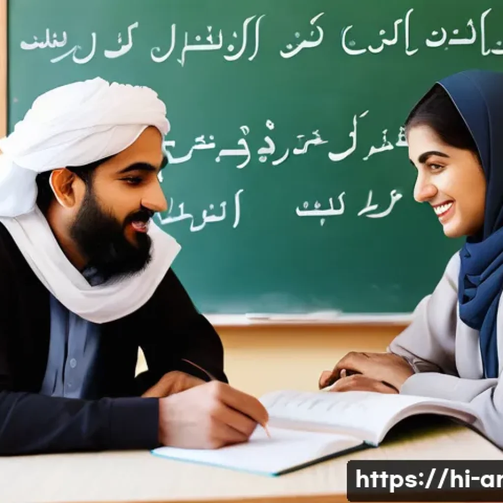 아랍어 발음 규칙 - A detailed educational scene showing a Hindi-speaking adult learner practicing Arabic pronunciation ...