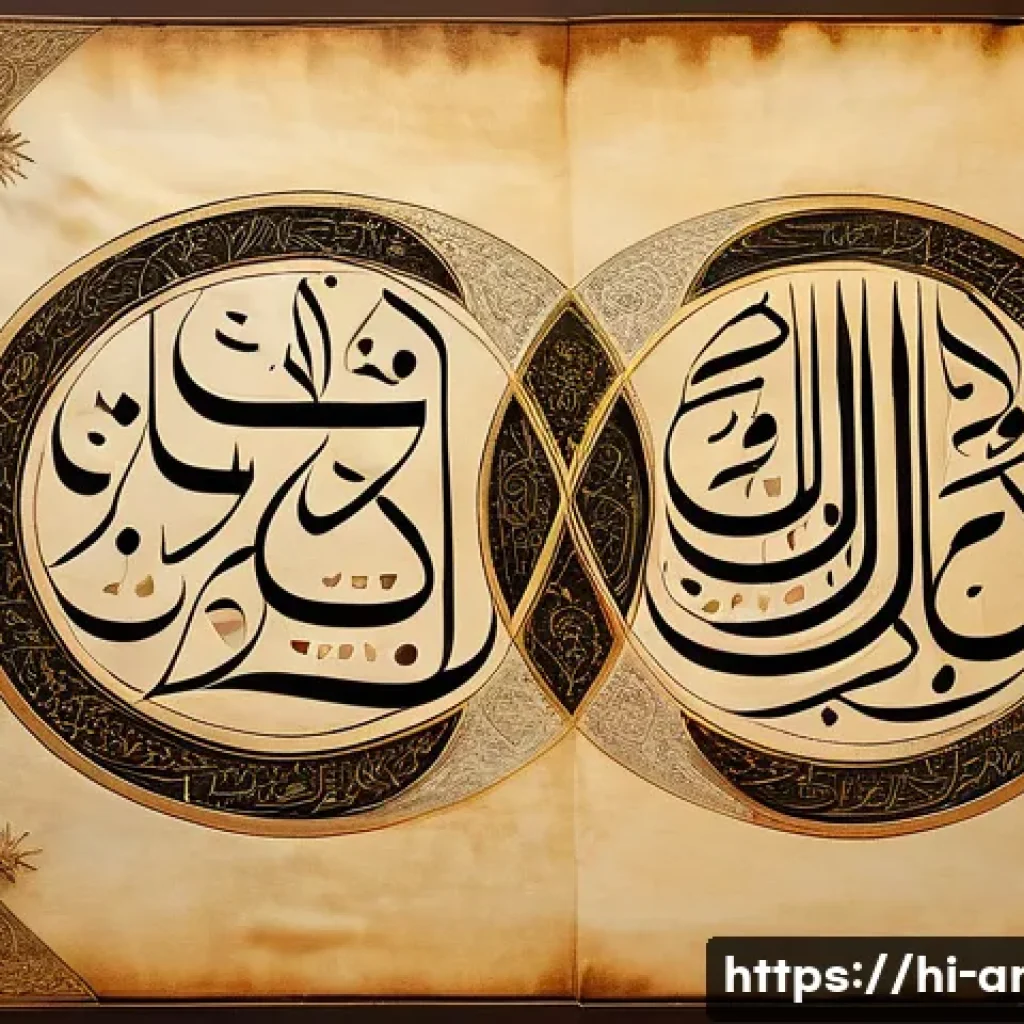 아랍어 필기체와 인쇄체 차이 - A highly detailed close-up of Arabic calligraphy in the Phailki style on aged parchment paper, showc...