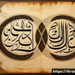 아랍어 필기체와 인쇄체 차이 - A highly detailed close-up of Arabic calligraphy in the Phailki style on aged parchment paper, showc...
