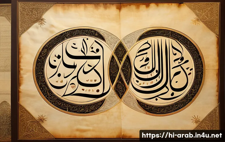 아랍어 필기체와 인쇄체 차이 - A highly detailed close-up of Arabic calligraphy in the Phailki style on aged parchment paper, showc...
