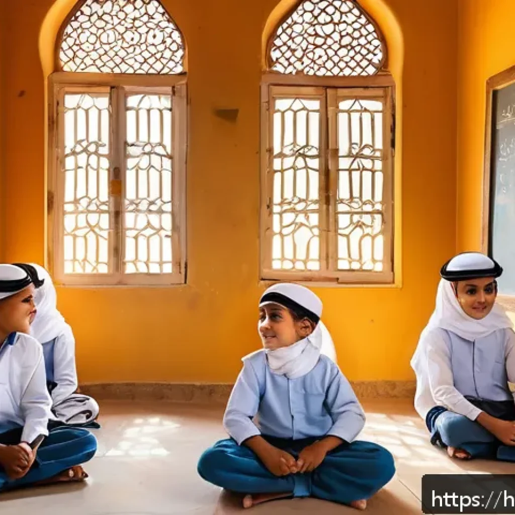 아랍어권에서의 교육 제도 - A vibrant classroom scene in an Arab primary school, featuring young children wearing modest school ...