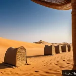 아랍어 변천사 - An ancient desert scene on the Arabian Peninsula depicting early Arabic script carved onto stone tab...