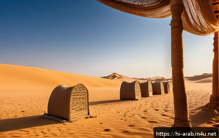 아랍어 변천사 - An ancient desert scene on the Arabian Peninsula depicting early Arabic script carved onto stone tab...
