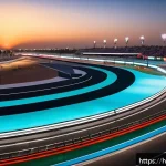 아랍어권에서의 모터스포츠 - A vibrant scene of a high-tech motorsports event in Abu Dhabi at sunset, featuring a sleek Formula 1...