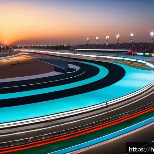 아랍어권에서의 모터스포츠 - A vibrant scene of a high-tech motorsports event in Abu Dhabi at sunset, featuring a sleek Formula 1...