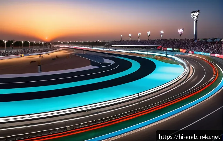 아랍어권에서의 모터스포츠 - A vibrant scene of a high-tech motorsports event in Abu Dhabi at sunset, featuring a sleek Formula 1...