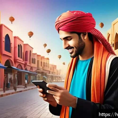 아랍어권에서의 전자상거래 시장 - A vibrant digital marketplace scene in an Arab urban setting showcasing young adults, dressed in mod...