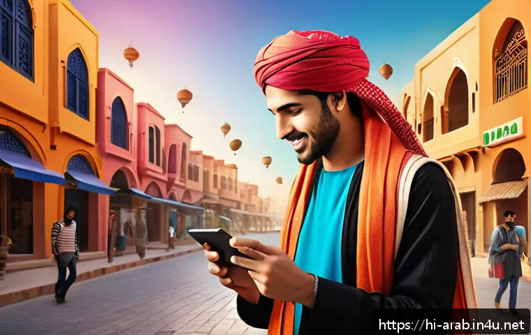 아랍어권에서의 전자상거래 시장 - A vibrant digital marketplace scene in an Arab urban setting showcasing young adults, dressed in mod...
