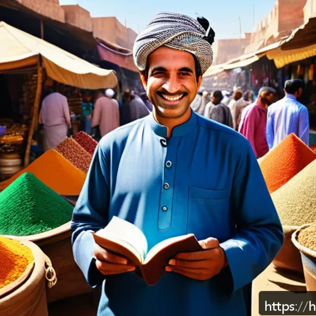 아랍어 여행 회화 - A vibrant street market scene in an Arab country, featuring a friendly Indian male traveler in casua...