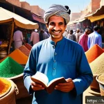 아랍어 여행 회화 - A vibrant street market scene in an Arab country, featuring a friendly Indian male traveler in casua...