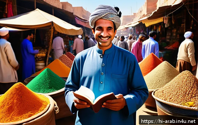 아랍어 여행 회화 - A vibrant street market scene in an Arab country, featuring a friendly Indian male traveler in casua...