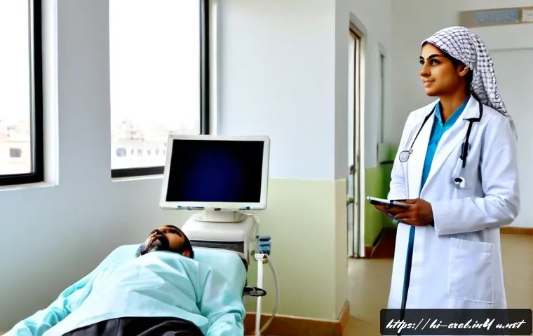 아랍어권에서 인기 있는 직업 - Photorealistic modern hospital consultation in an Arabic-speaking city, confident female doctor wear...