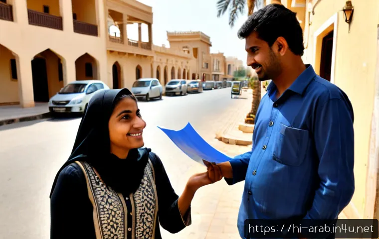 아랍어로 길 묻기 - Photorealistic travel scene in a clean Middle Eastern city, a friendly Indian traveler modestly dres...
