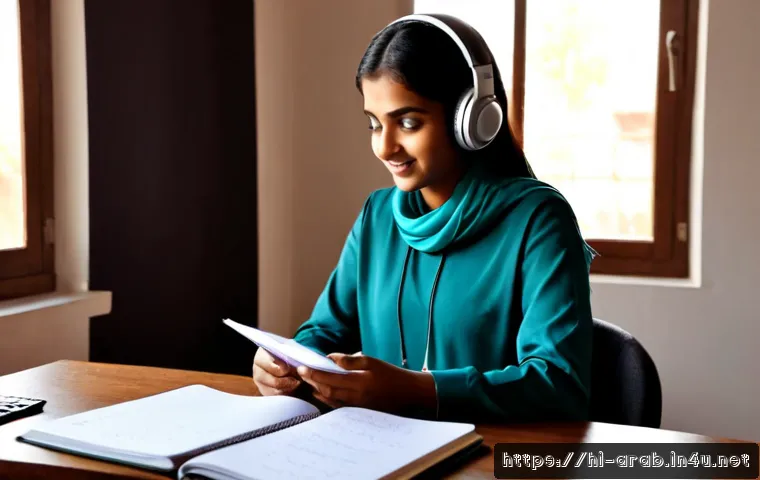 Home 17 아랍어 학습 유튜브 채널 - Photorealistic home study scene for Arabic language learning, a young Indian woman wearing modest ca...