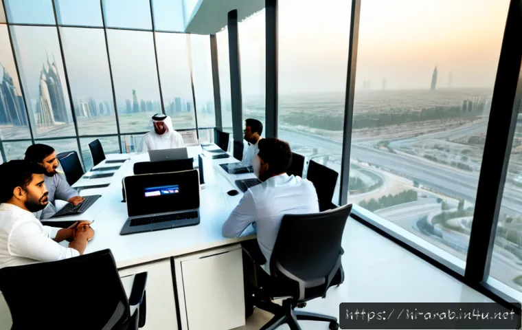 아랍어권에서의 핫한 IT 기업 - Photorealistic modern technology startup office in Dubai, diverse Arab and Indian software professio...